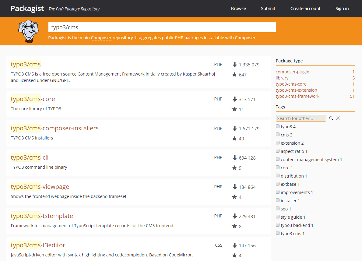 Paketsuche auf packagist.org