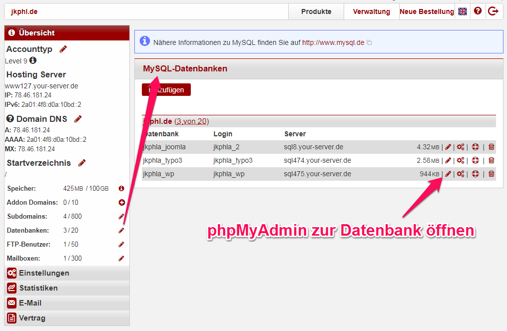 phpMyAdmin im Hetzner-Backend