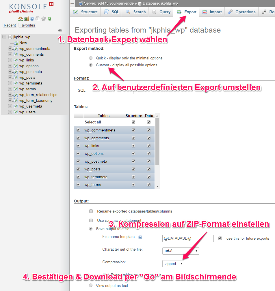 Datenbankexport per phpMyAdmin