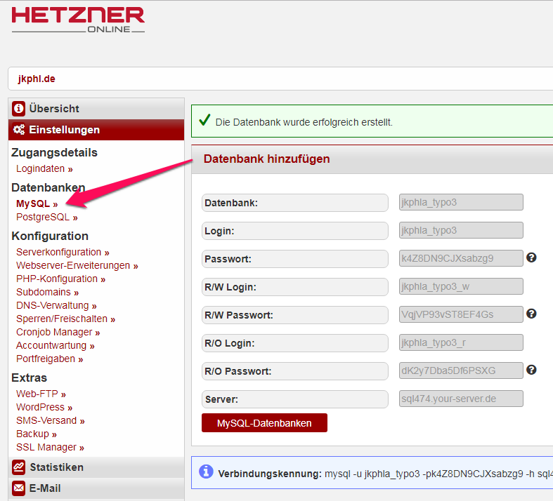 Datenbankanlage im Hetzner-Backend