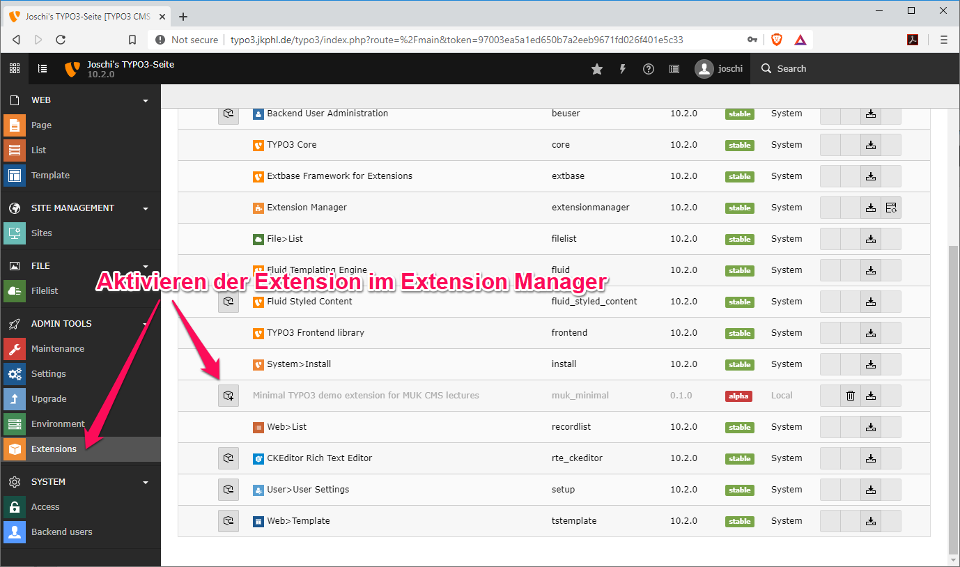 Aktivierung der Demo-Extension