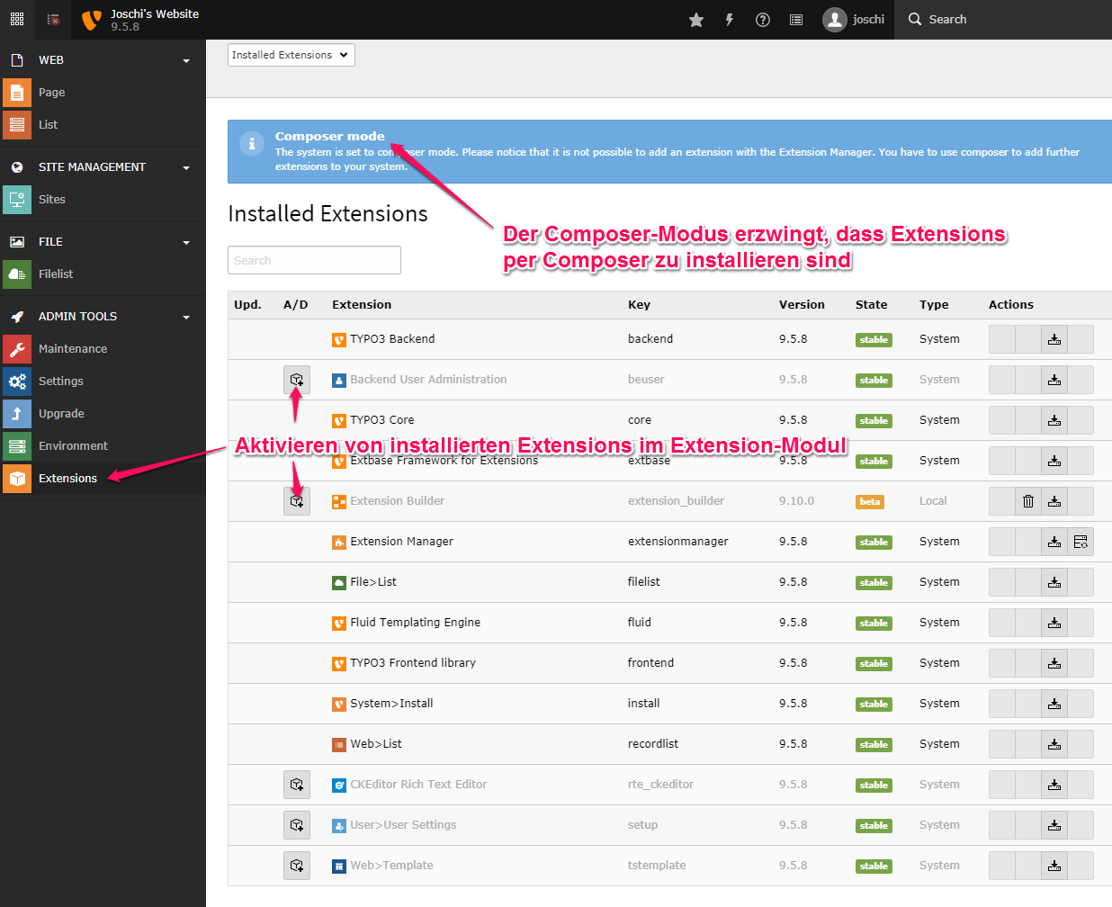 Extension-Aktivierung im TYPO3-Backend