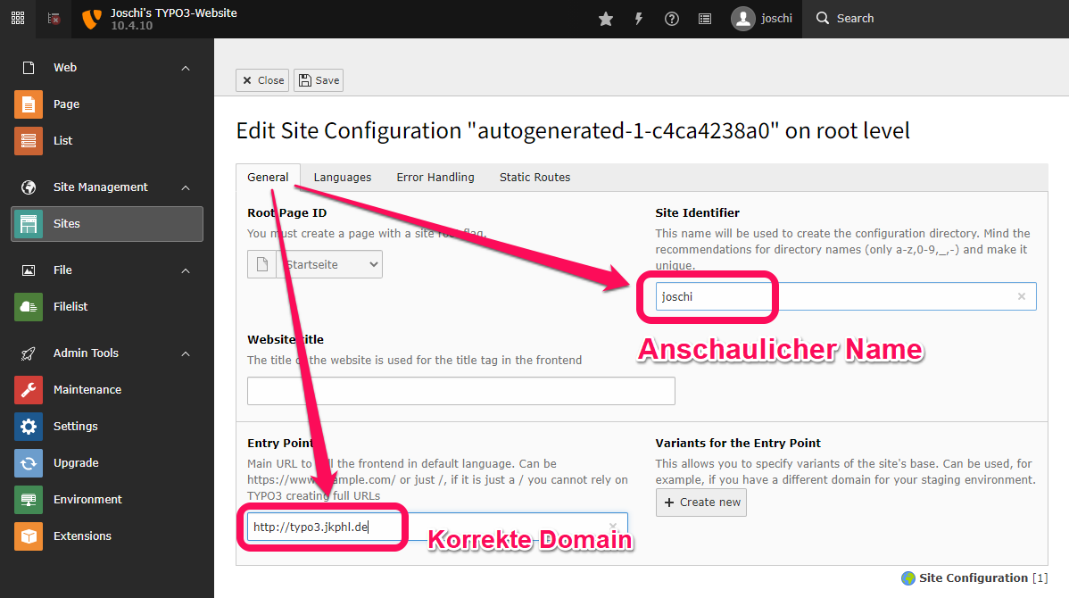 Konfigurieren der der Site-Grundeinstellungen