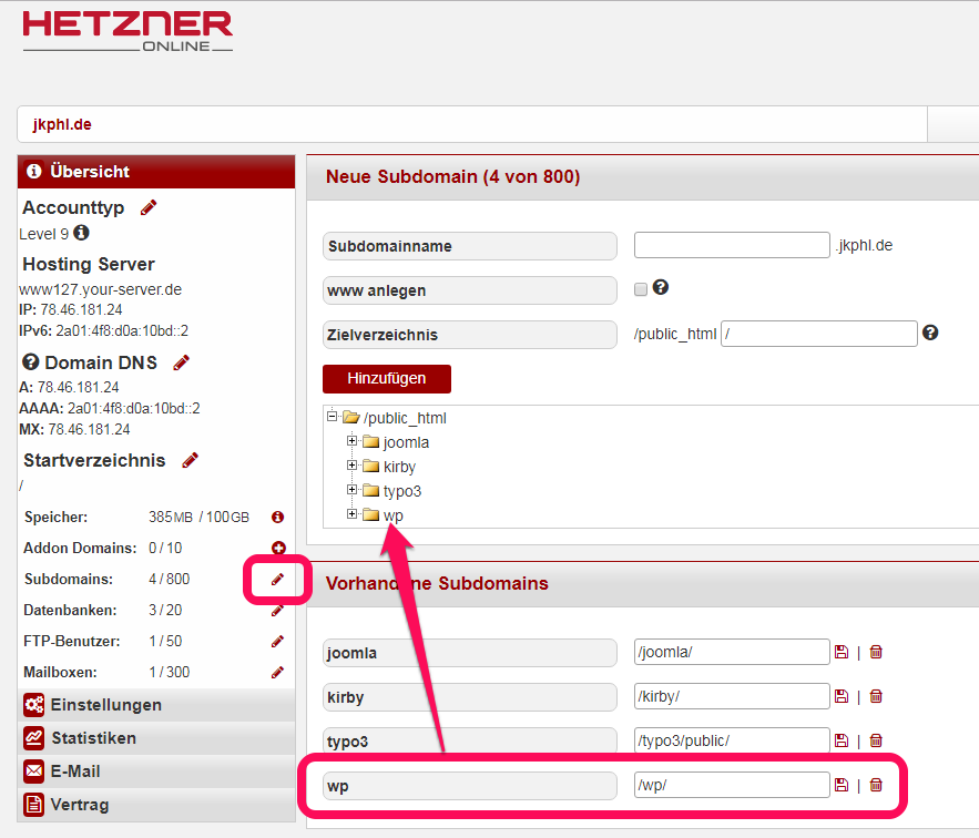 Domainvorbereitungen bei Hetzner