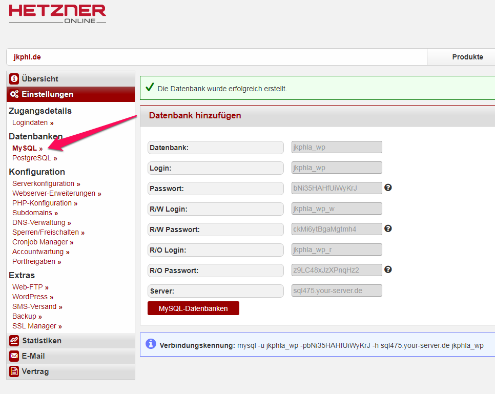 Datenbankvorbereitung bei Hetzner