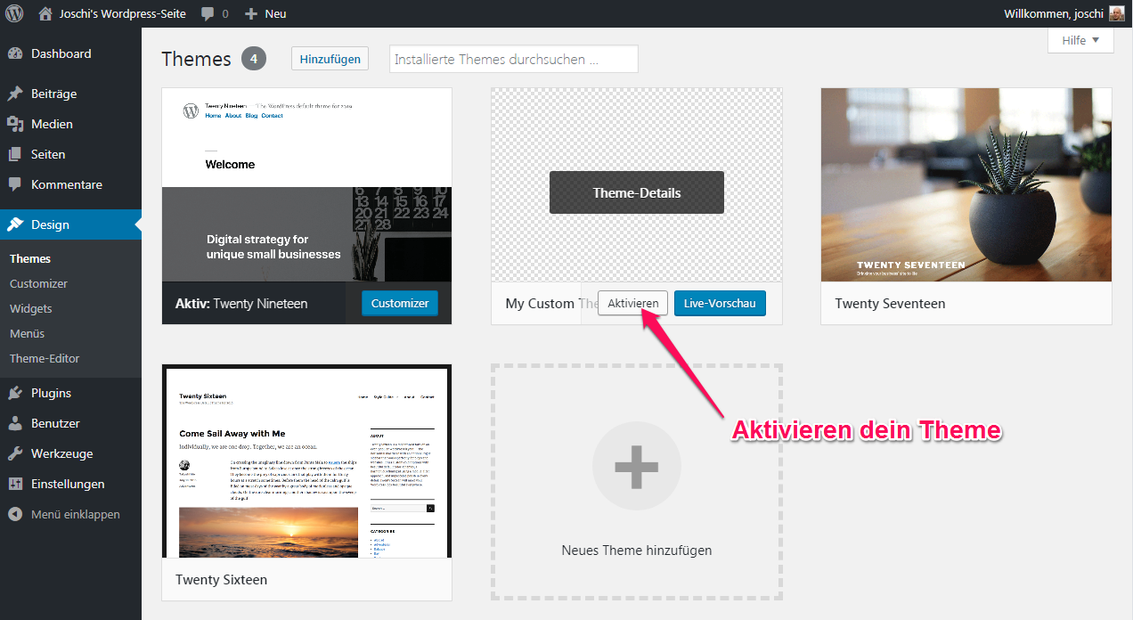 Aktivieren deines Wordpress-Themes